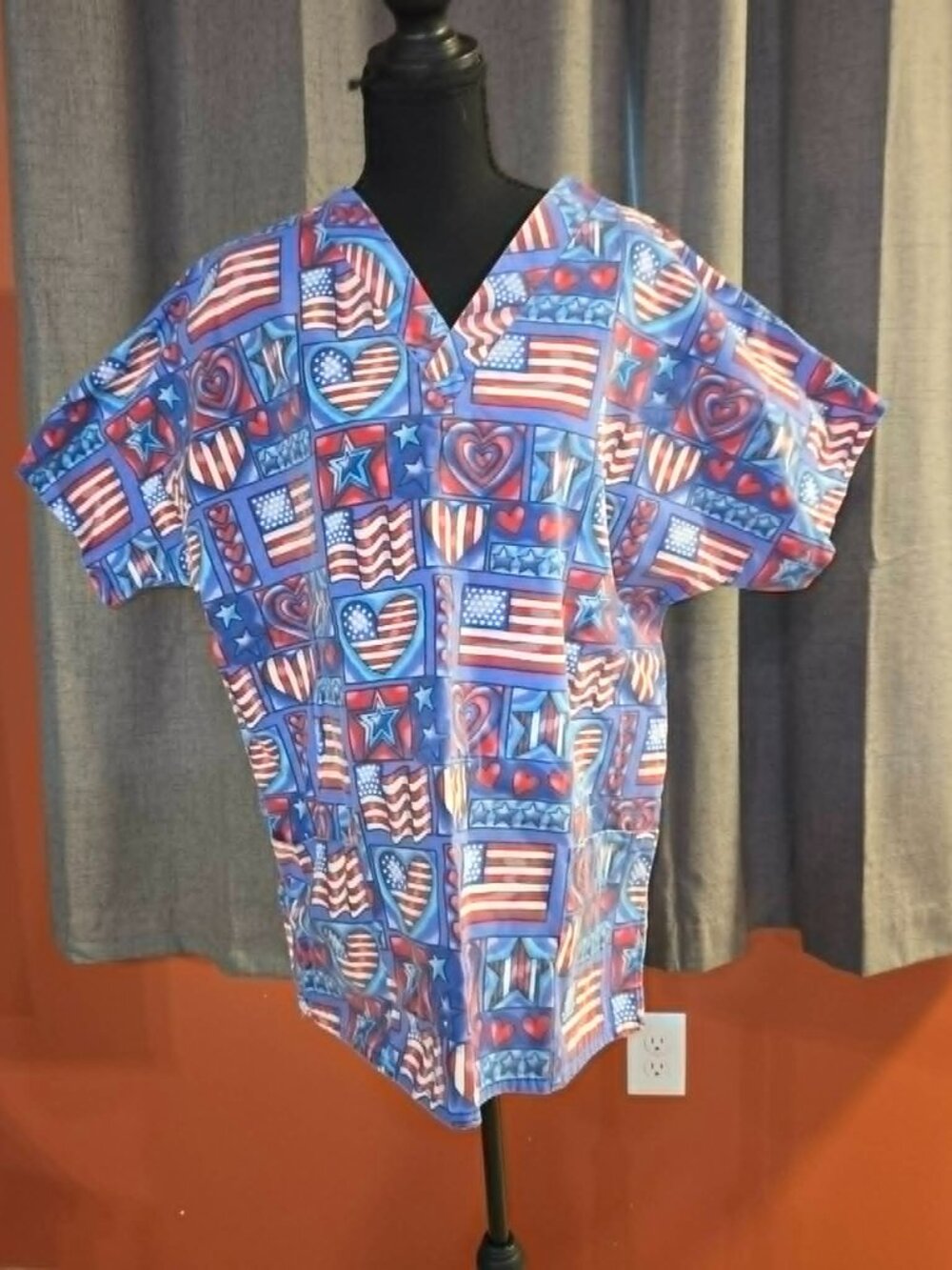 Jasco Uniform Patriotic American Flag Hearts V Neck Scrub Top